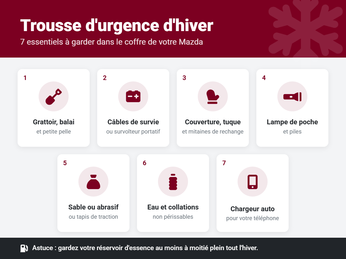Trousse d'urgence d'hiver pour votre Mazda : grattoir et pelle, câbles de survie, couverture et mitaines, lampe de poche, sable abrasif, eau et collations, chargeur de téléphone